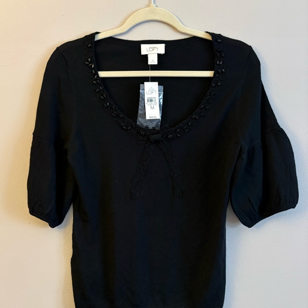 NWT LOFT Black Blouse with Embellished Neckline